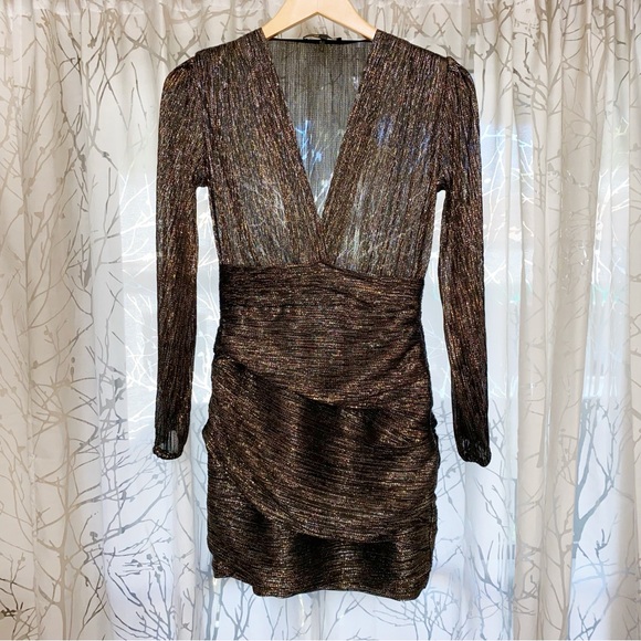 MAJE RUNNY BLACK GOLD SILVER METALLIC V-NECK LONG SLEEVE DRAPE MINI DRESS - Picture 4 of 12